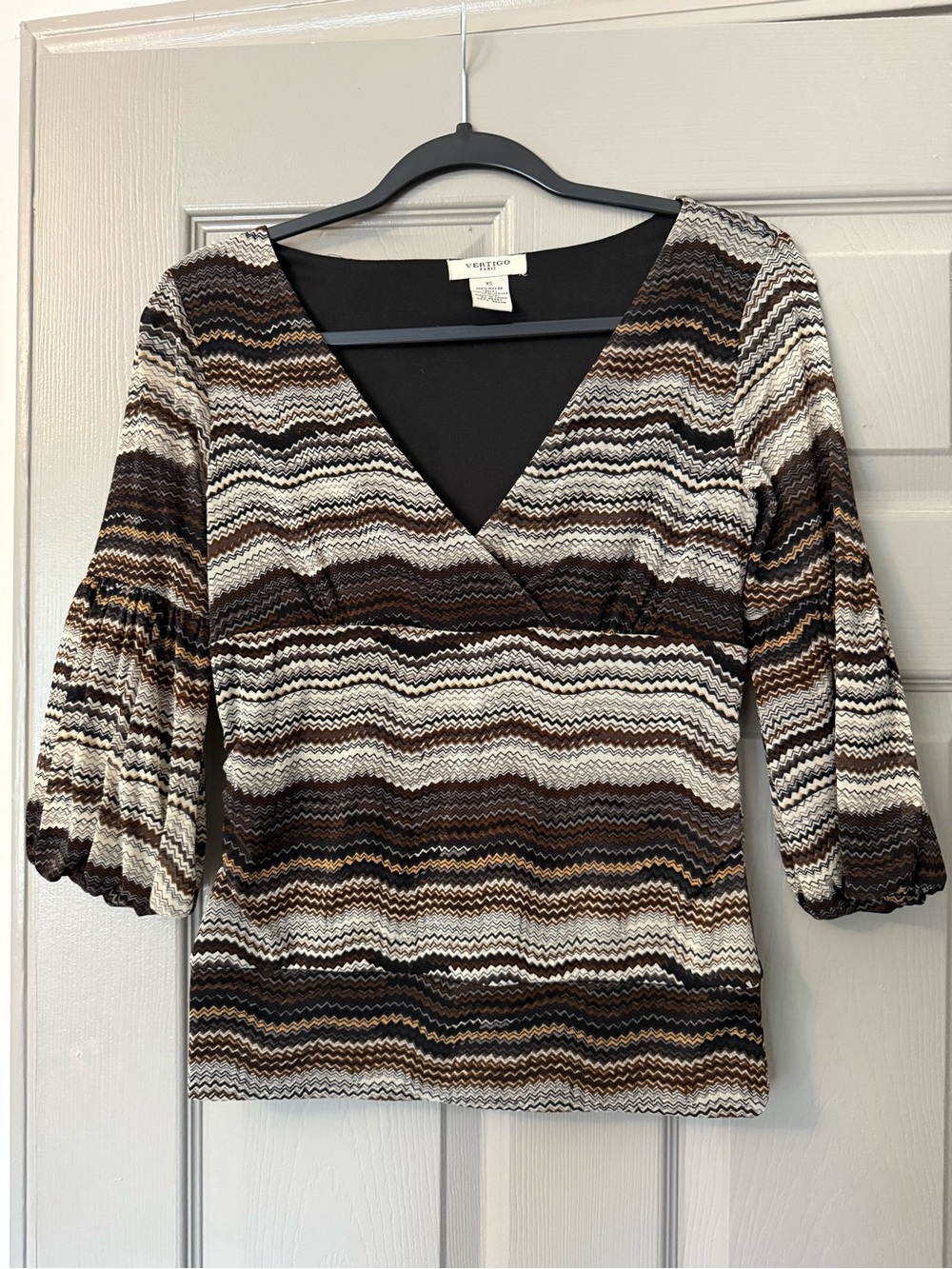 Vertigo Paris Brown & Cream Striped V-neck Blouse, Size XS
